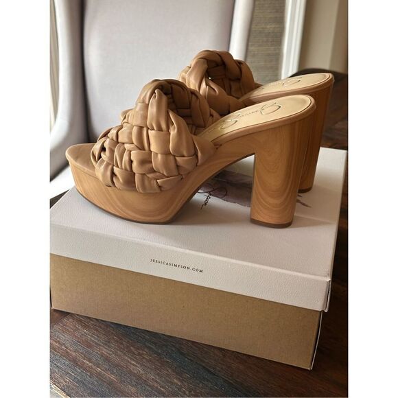 Jessica Simpson Tan Neutral Woven/Braided Wood Platform Heels - Picture 3 of 9